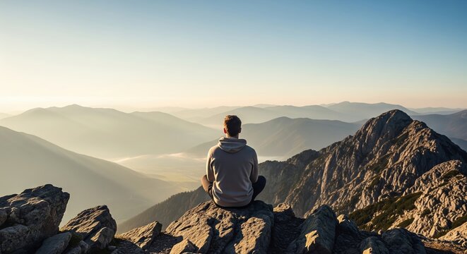 A peaceful individual practicing mindful meditation on a majestic mountain peak at sunrise an ideal visual for guided meditation applications and wellness content