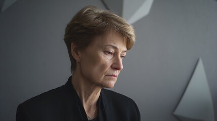 Close-up portrait of a pensive senior Caucasian woman wearing a tailored black suit