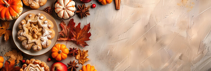 A festive Thanksgiving Day arrangement featuring a pie, small pumpkins, and autumn leaves on a textured surface. Warm colors the scene, horizontal banner, copy space, free space for text