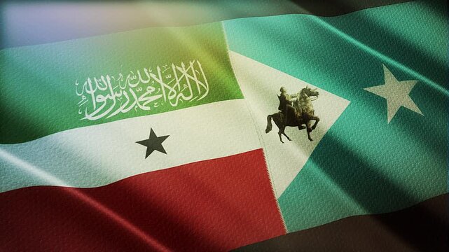 The diagonal and stitched-aligned combined Somaliland and SSC Khatumo flags are waving in the wind. Concept of Strategic negotiation, national relationship, Conflict, and War. 