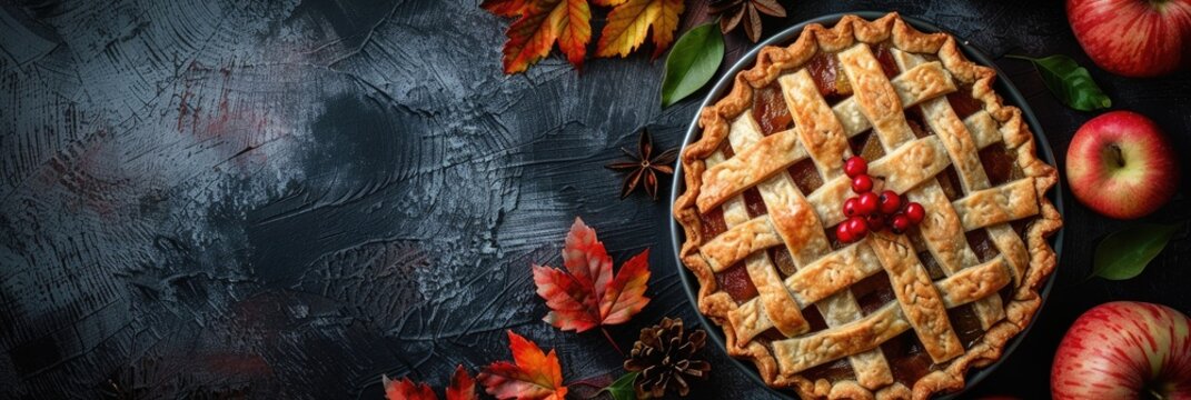 A freshly baked apple pie with a golden lattice crust sits on a dark surface. red apples and autumn leaves, Thanksgiving atmosphere, horizontal banner, copy space, free space for text