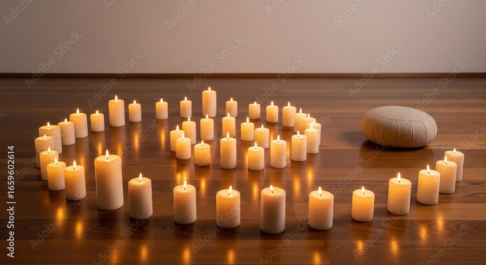 Poster a serene and calming indoor setting featuring numerous lit candles arranged in a heart shape on a po