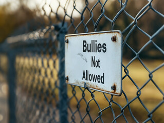 Metal sign anti bullying message placed on a playground fence. Social awareness message to deter bullying culture. No bullying
