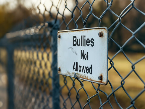 Metal sign anti bullying message placed on a playground fence. Social awareness message to deter bullying culture. No bullying