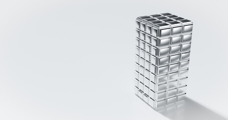 3d render of a modern metallic building blocks with metal reflection with copy space