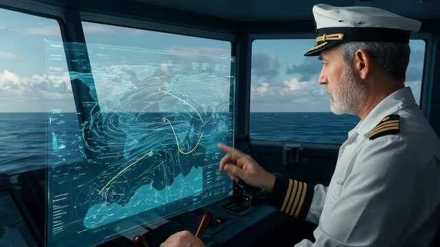 Caucasian man captain using a digital navigation display with map and data on a ship bridge, controlling vessel route and direction in sea.