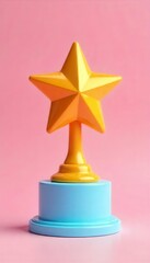 Pastel pink background, shiny orange star trophy on light blue base, shiny, backdrop