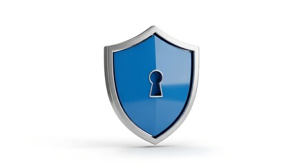A shiny blue shield icon, a web symbol of security, with a key and question mark illustration on a blank, glossy button for help and information