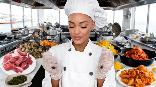 Smiling female chef in a professional kitchen holding two spoons and demonstrating two dishes. For cooking shows, restaurant advertising and master classes and food in general.