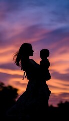 Mother Lifting Toddler Sunset Silhouette