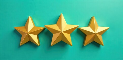 Three gold stars on vibrant teal background, signifying excellent feedback , gold, five star