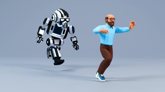 Man running in fear from an intimidating humanoid robot. Futuristic chase with low-poly characters and dramatic expressions. 3D Futuristic Chase Animation
