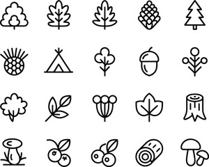 Forest nature icons set, tree leaves symbols, pine cone illustration, mushrooms and berries, camping tent vector, acorn, wood log, foliage elements.