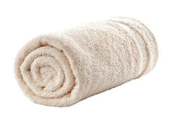 Soft, rolled beige towel isolated on a white background, perfect for spa or bath concepts