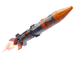 Capturing the raw power and technological advancement of a rocket in flight, with fiery exhaust trails against the vastness of space