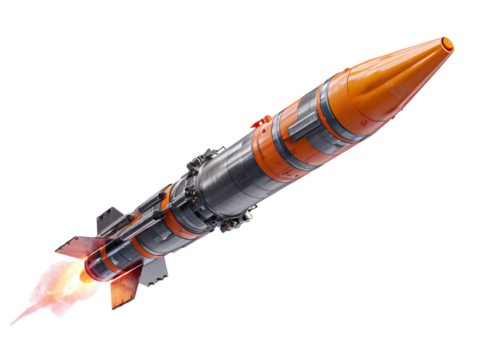Capturing the raw power and technological advancement of a rocket in flight, with fiery exhaust trails against the vastness of space