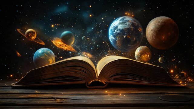 Open wisdom book resting on rustic wood, releasing luminous planets and sparkling stars into the dark deep cosmos, promoting endless knowledge, cosmic learning, and universal understanding.