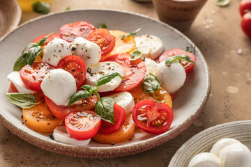 Caprese salad with sliced tomatoes, mozzarella, basil, olive oil close up on brown textured background