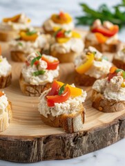 Mini bruschettas, topped with cashew pt and marinated peppers, rest artfully on a rustic wooden platter. Soft light enhances the colors and textures of this delectable appetizer
