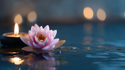 Sacred Lotus Flower with Burning Candle on Water Representing Enlightenment, Peace, and Devotion for Mindful Bodhi Day Celebrations Ceremony