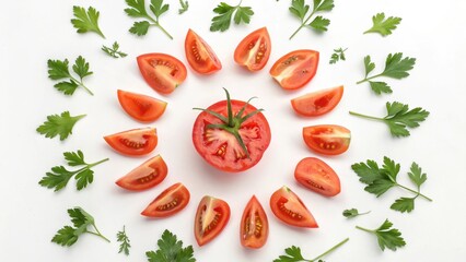 Fresh ripe tomato halved and sliced into wedges arranged in a circle with parsley isolated on white background