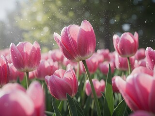Fototapeta premium Vibrant Pink Tulips in Bloom at a Sunlit Garden Landscape