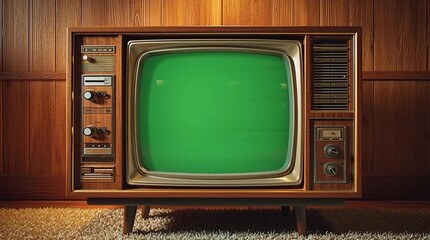 Vintage 1970s Television with Chroma Key Green Screen in Retro Room