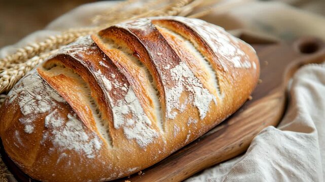 Freshly baked artisan bread loaf with wheat and rustic background in a cozy kitchen setting