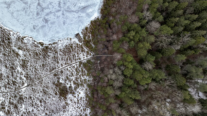 Aerial View of Frozen Lake and Forest with Path in Winter