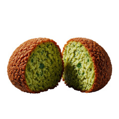 Freshly cut falafel ball, crispy golden-brown crust, vibrant emerald green porous interior with visible herbs and steam rising, isolated on transparent background, culinary perfection