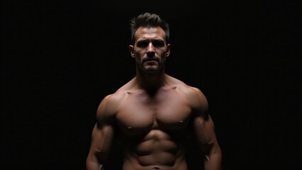 Fototapeta premium A muscular man, torso only, displays defined physique against a stark black background, emphasizing strength and focus.