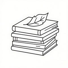 Minimalist thin-line art of a stacked books with a leaf on top