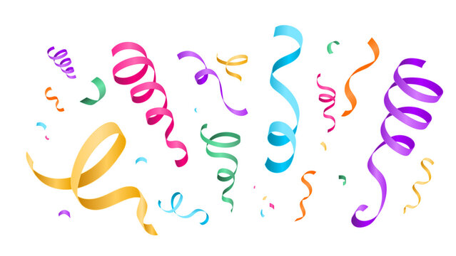 Confetti celebration vector background with colorful 3d gradient serpentine ribbons. Anniversary, carnival, birthday banner illustration in cartoon style with paper streamers. Festive isolated design