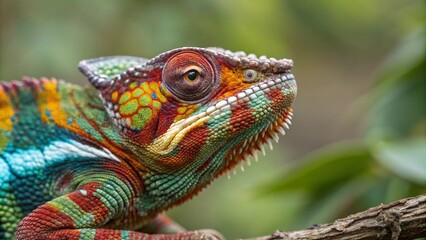 A vibrant green iguana, a scaly reptile of nature, is a close-up wild animal on a branch with its eye visible