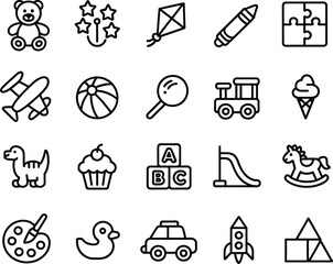 Children toys icons set, teddy bear, kite, airplane, puzzle, cupcake, rocking horse, ABC blocks, dinosaur, ice cream, paint palette, duck toy, car, playground slide, rocket ship