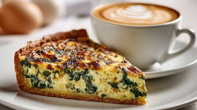 A slice of quiche with spinach and cheese paired with a cappuccino on a blue plate