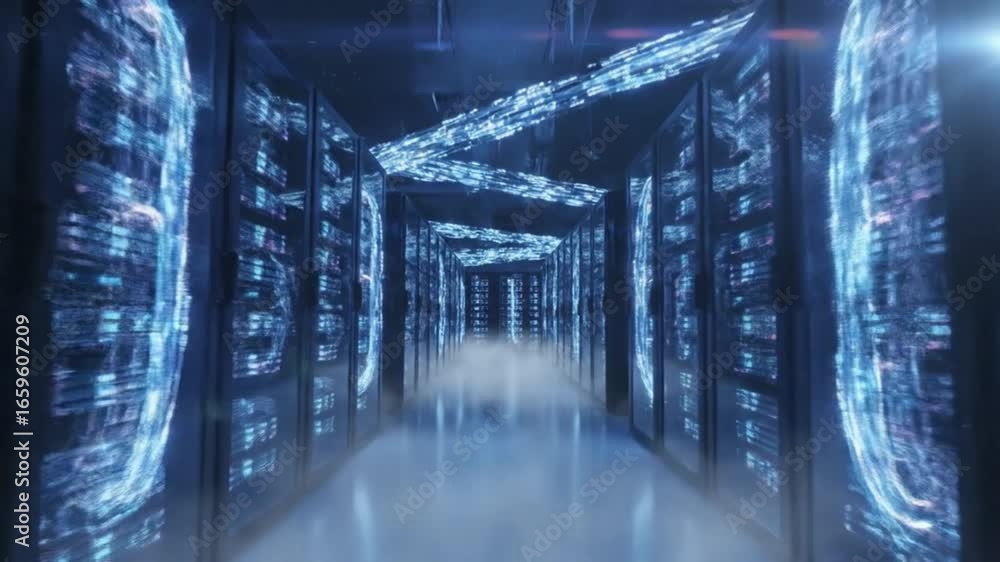 Poster a futuristic server room hums with vibrant blue digital data streams, symbolizing advanced artificia