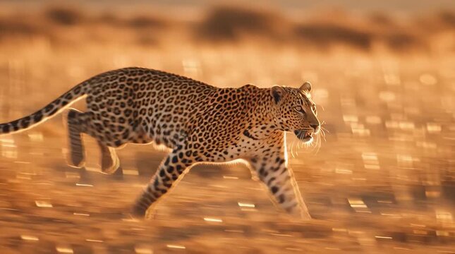 Leopard Sprinting Across Savannah at Sunset