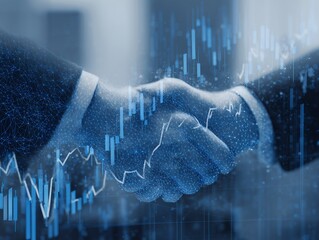 Business handshake with overlaid financial chart and network connection in blue tones, showcasing global deal. Concept for investment strategy, business partnership, and fintech innovation