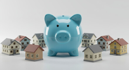Saving Money for a New Home Piggy Bank Surrounded by Miniature Houses Representing Real Estate Investment