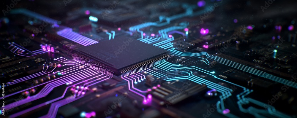 Aufkleber close-up of a complex circuit board with processor, illuminated by blue and purple light streams. co