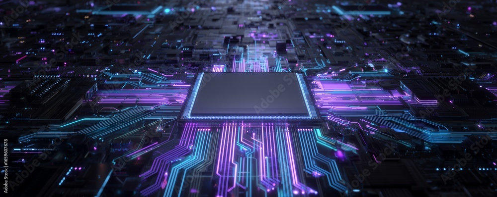 Aufkleber complex circuit board with neon glowing lines and central processor unit, concept for artificial int