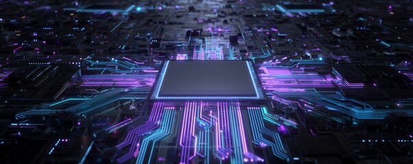 Complex circuit board with neon glowing lines and central processor unit, concept for artificial intelligence, data processing, and next-generation technology