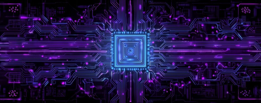 Detailed schematic circuit board with glowing lines in blue and purple hues, concept for technological innovation, high performance computing and future network technology