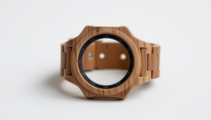 a high resolution smartwatch frame made from reclaimed wood flour bioplastic, featuring stone like organic matte and shell inspired outline, with lightweight compostable core