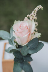 Romantic pink rose in glass vase with water in front of elegant French château, delicate floral wedding decoration symbolizing love and celebration.
