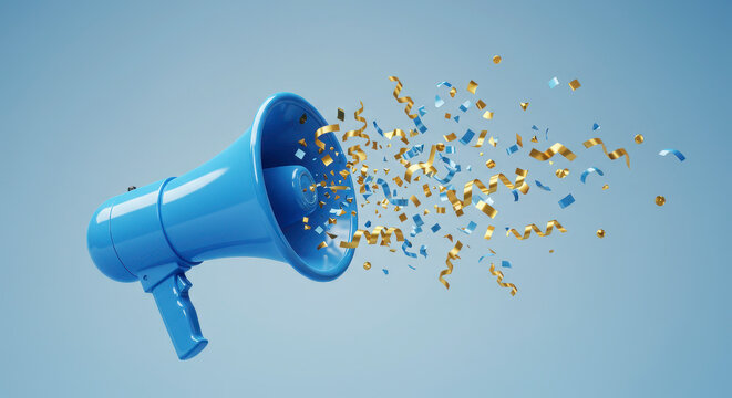 Exciting Announcement Celebration with Blue Megaphone and Golden Confetti Flying Outwards