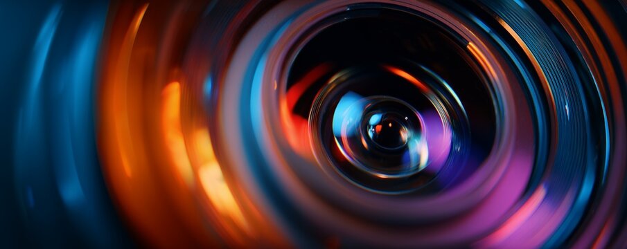 Close up shot of camera lens with blurred vibrant colors swirling around it, concept for optical design, photography equipment promotion and artistic visuals