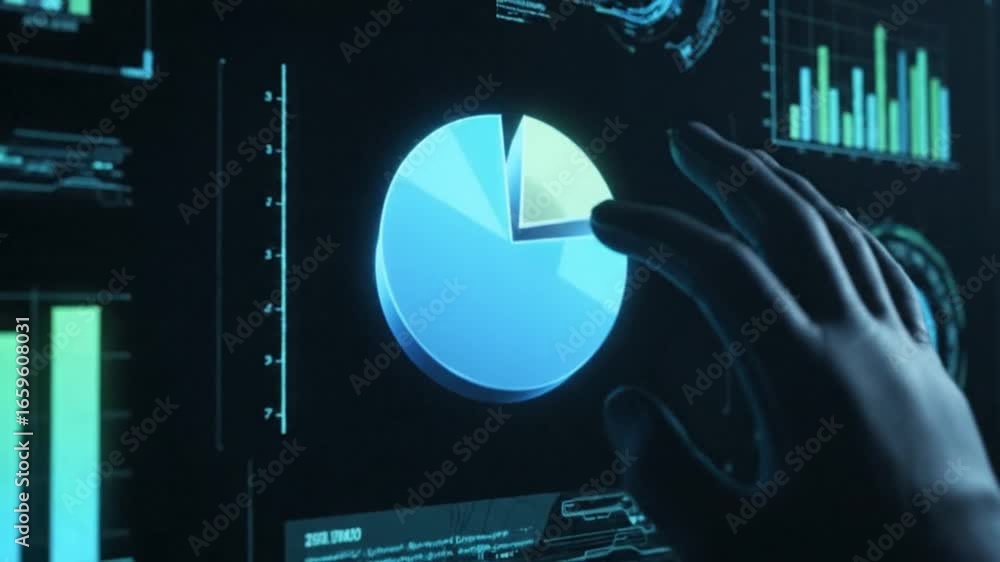 Poster a human hand interacts with a sophisticated digital interface displaying glowing blue and green data