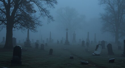 A fogshrouded cemetery with headstones and trees in a bluish hue